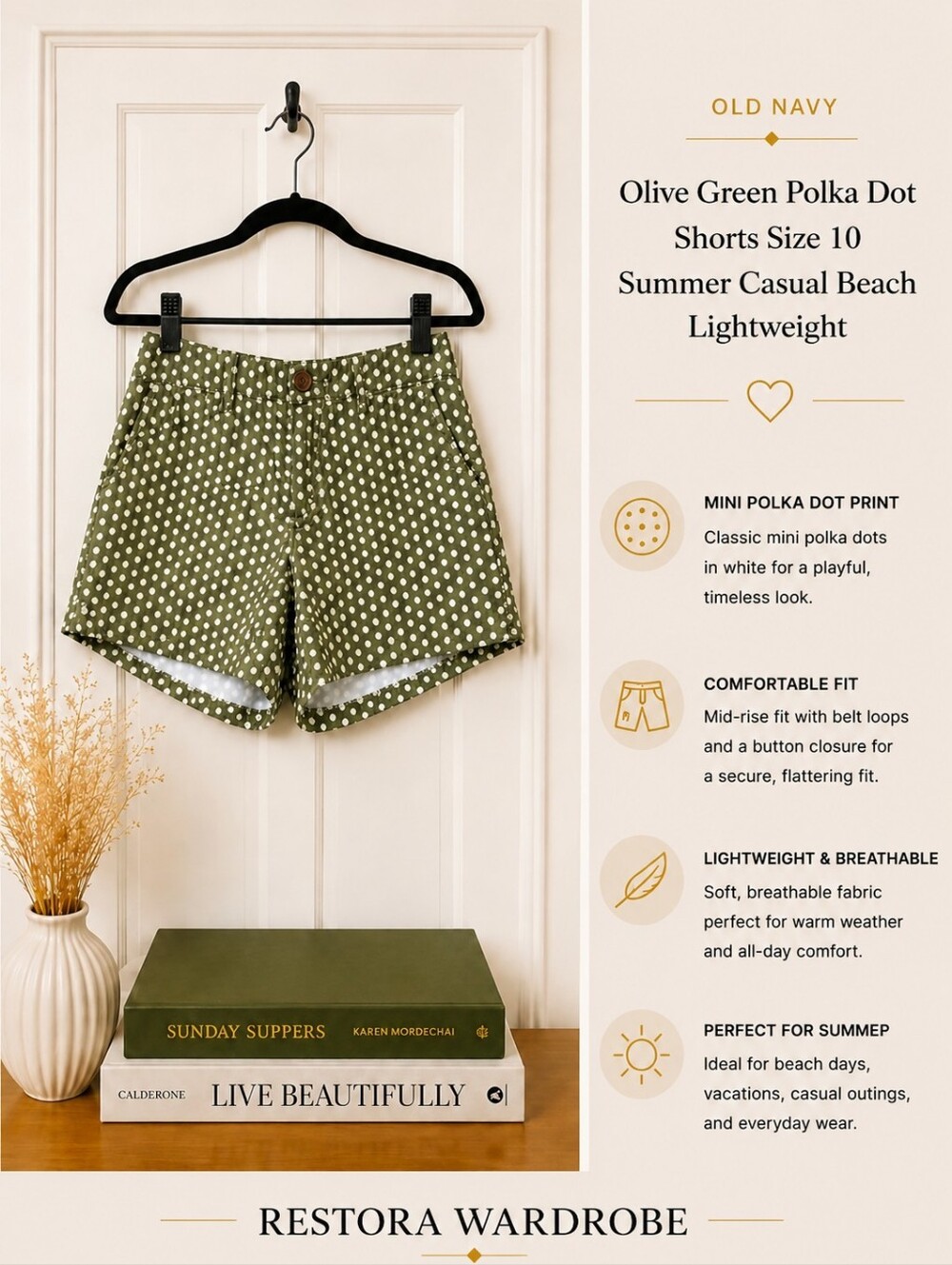 Old Navy Olive Green Printed Cotton Shorts Women’s Size 10 Side Zip Summer - Picture 1 of 10